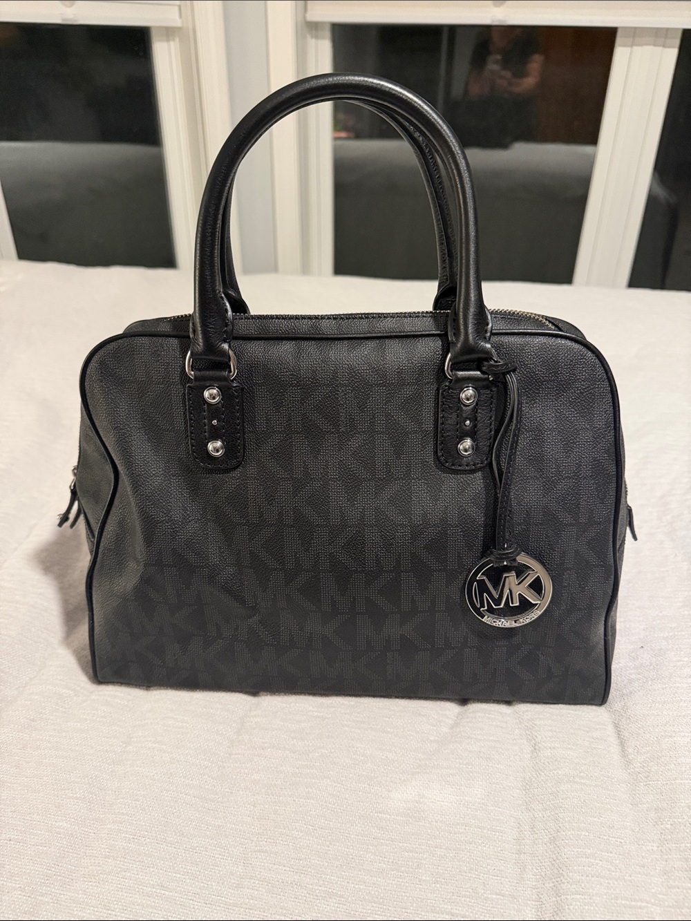 Michael Kors Black Signature Satchel with Silver MK Charm
